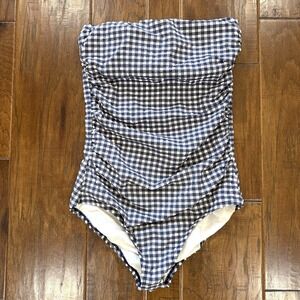 J. Crew Gingham Plaid One Piece Strapless Bathing Suit Swimsuit Womens 8 Blue